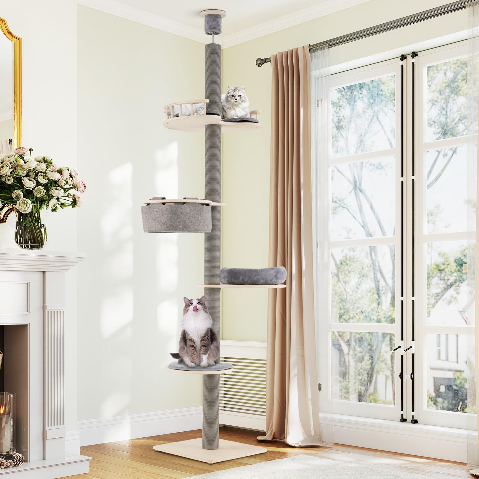 COSTWAY Árbol para Gatos del Suelo al Techo, Torre de Gatos de 5 Niveles Ajustable de 236-271 cm con 3 Plataformas y Hamaca, Base 48x48 cm, Postes Rascadores, Ideal para Gatitos, Gris