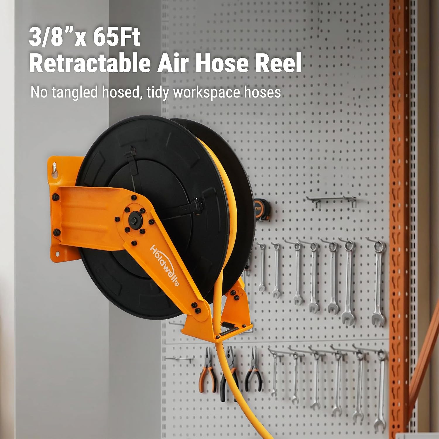 Retractable Air Hose Reel, 3/8" x 65FT Hybrid Air Hose, 300PSI Max, Auto-Rewind & Length-Lock, 1/4" NPT Fitting, Ceiling/Wall Mount Heavy Duty Dual Arm Steel Reel for Workshop/Garage
