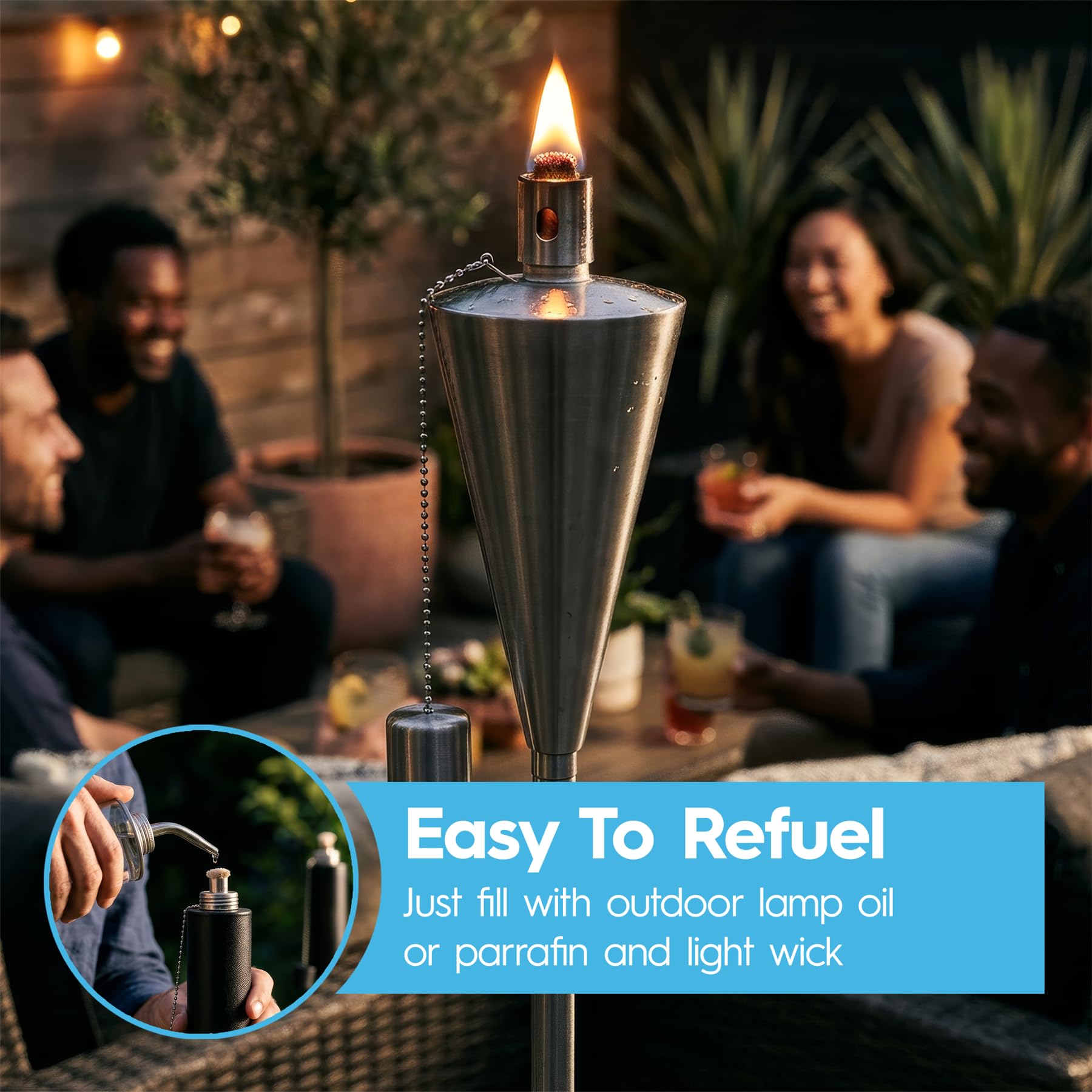 Harbour Housewares Torches de Jardin en Métal - Cône - Paquet de 6 - Torches de Jardin Argentées de 146 cm Éclairage Extérieur Moderne Lampe à Huile de Paraffine Lanterne à Flamme de Bougie