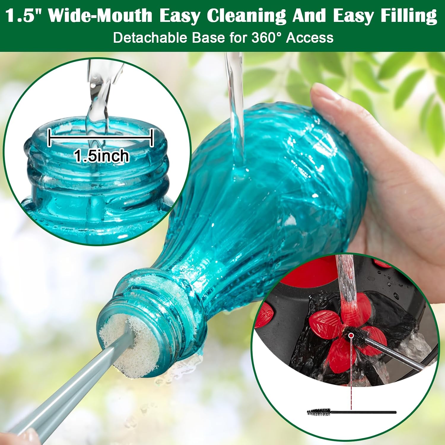 20 oz Hand-Blown Glass Hummingbird Feeder, Hanging Hot Air Balloon Design, Leak-Proof Silicone Seal, Ant-Proof, Outdoor Garden Decor Gift for Mom, Blue