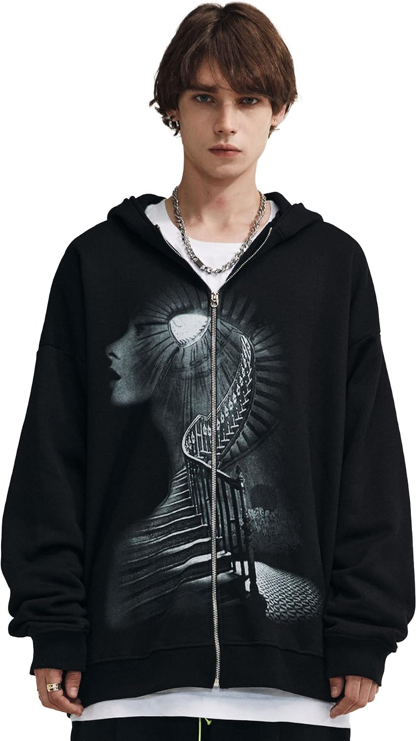 Niepce Inc Streetwear Graphic Zip Up Hoodie Men (Blakck1, Large)