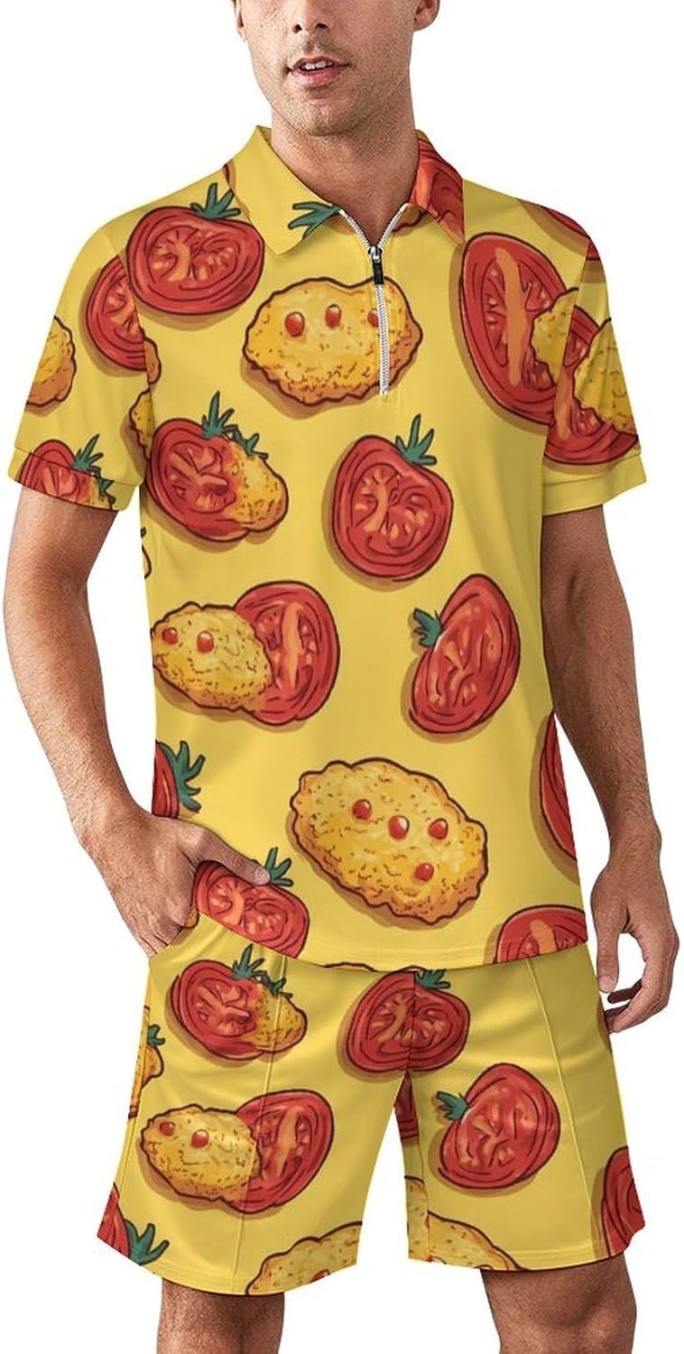 Funny Chicken Nuggets Mens Polo Shirts Track Suits 2 Piece Short Sleeve Sweatsuit 1/4 Zip Golf Loungewear for Sports