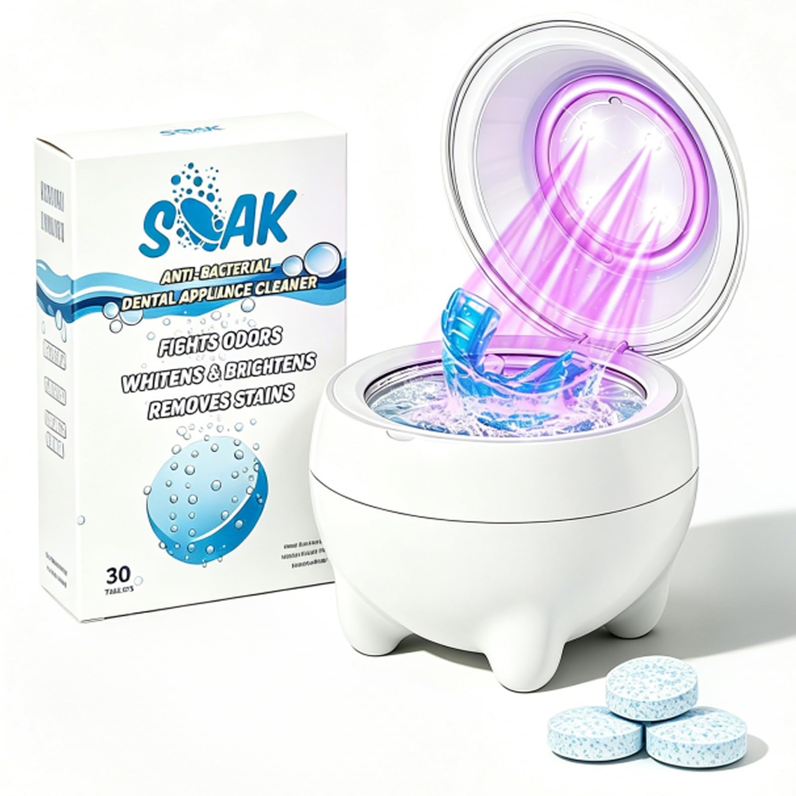 Máquina limpiadora ultrasónica de retención de 45 kHz, limpiador ultrasónico de prótesis con UVA + UVC para alineador, protector nocturno, protector bucal, etc. Cuidado dental bucal, (blanco)