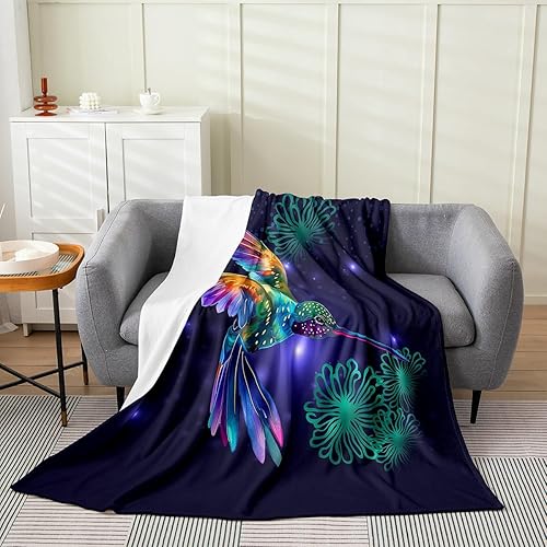 Erosebridal Manta de vellón de colibrí, pájaros iluminados con patrón floral, manta mullida con estampado de flores botánicas verdes, manta