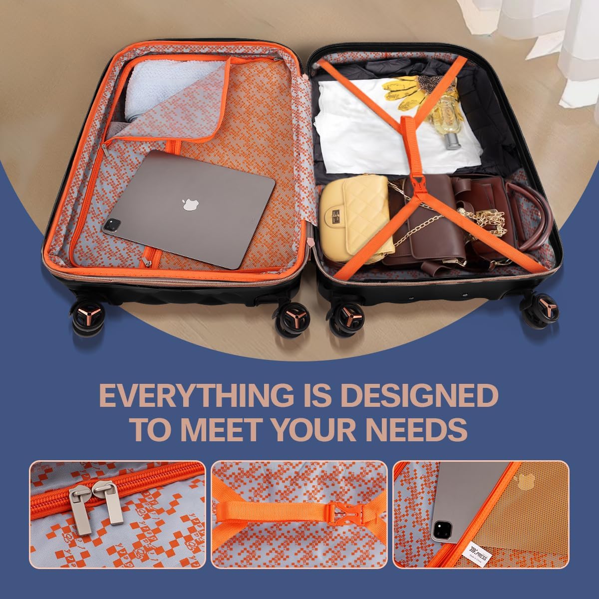 4 Piece Luggage Set, Lightweight Carry On Luggage, Polycarbonate Expandable Hard Case Luggage with Wheels, Travel Pro Carry-On Luggage, TSA Lock, Black