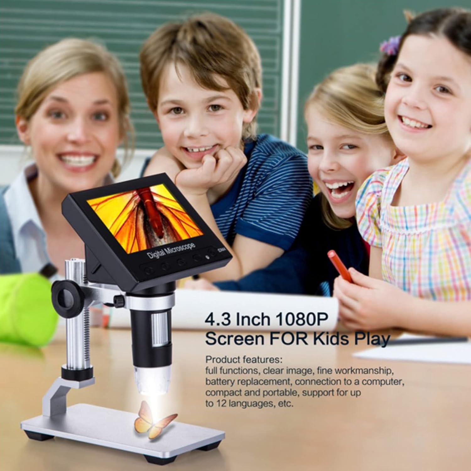 LCD Digital Microscope Camera 4.3 inch Desktop Handheld USB Microscope Magnification Coin Microscope Video with 8 Adjustable LED Lights for Adults PCB Soldering Kids Outside Use (Silver)