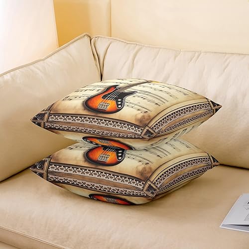 Miniatura 3 de Rustic Musical Double Sides Print Pillow Covers,Guitar Bass Instruments Print Soft Square Cushion Cases 24"x 24",Retro Note Boho Ethnic Plaid Throw