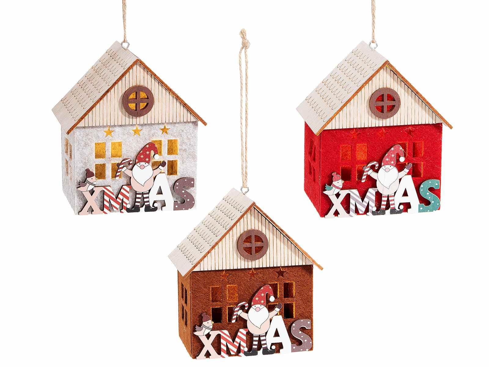 Gruppo Maruccia – Casette Natalizie Luminose in Legno e Panno – Addobbi di Natale da Appendere - Set da 6 Pezzi