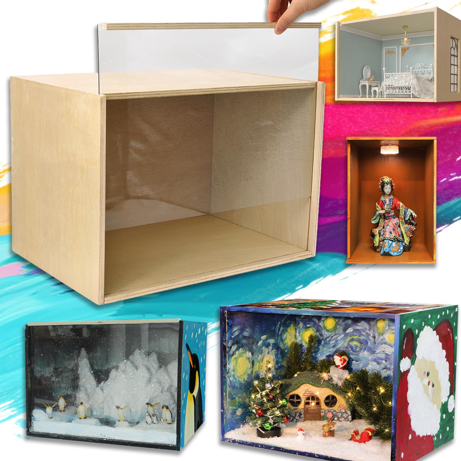 iLAND Wooden Diorama Box Large Display Boxes for Collectibles Figures Miniatures and a Dollhouse Room Box Unfinished 15.7“x 11”x11“ Quick-Build Without Screws or Glue, Dustproof Smooth Sturdy
