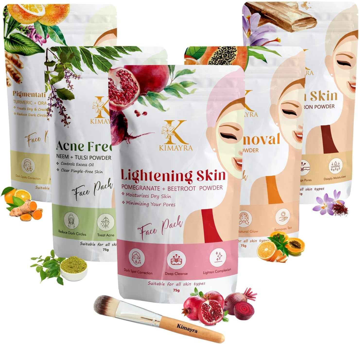 Kimayra Skin Care Combo Powder (Pomegranate + Beetroot, Neem + Tulsi, Orange + Papaya, Turmeric + Orange, Sandalwood + Saffron) - Face Pack Combo Powder for Natural Glowing Skin - 375Gm (75G X 5 Pack)