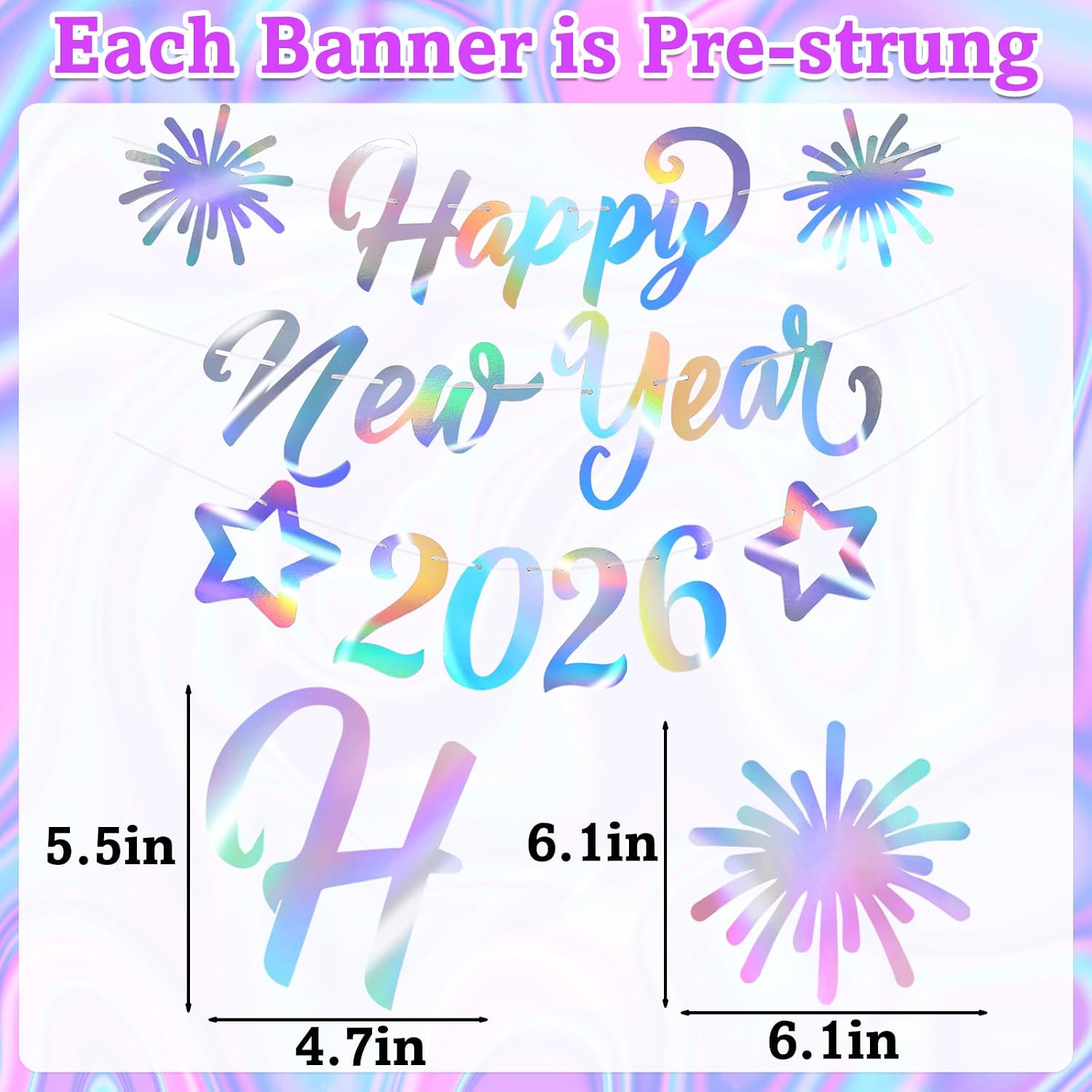 3PCS Pre-Strung Iridescent Happy New Year 2026 Banner, New Years Eve Banner Happy New Year Neon Sign Hanging Bunting NYE Decorations 2026 for New Years Eve Party Supplies