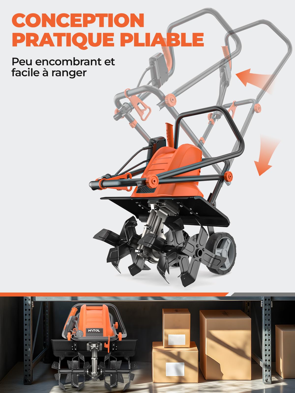 MYTOL Motobineuse Électrique 1500W, Largeur de Travail 45cm, Profondeur 22cm, Bêche Légère avec 6×4 Dents en Acier Robuste, Poignée Pliable, Double Bouton de Sécurité, Protection contre la Surchauffe