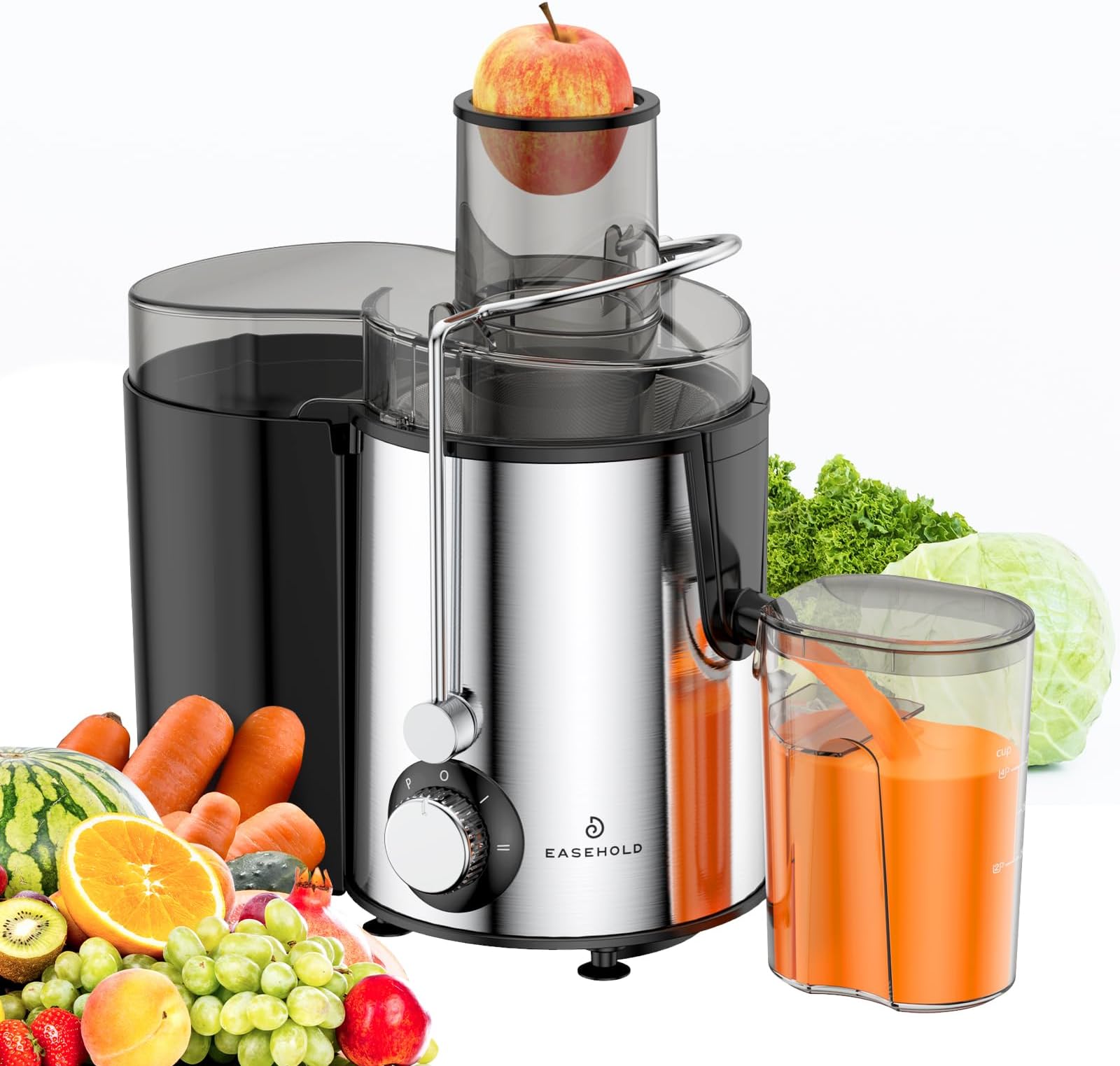EASEHOLD Juicer Machine, Centrifugal Juicer Extractor with Wide Mouth Large 2.5”Feed Chute for Whole Fruit and Veg, 600W Motor, Juice Maker with 4 Speeds, BPA Free, Easy to Clean, Stainless Steel