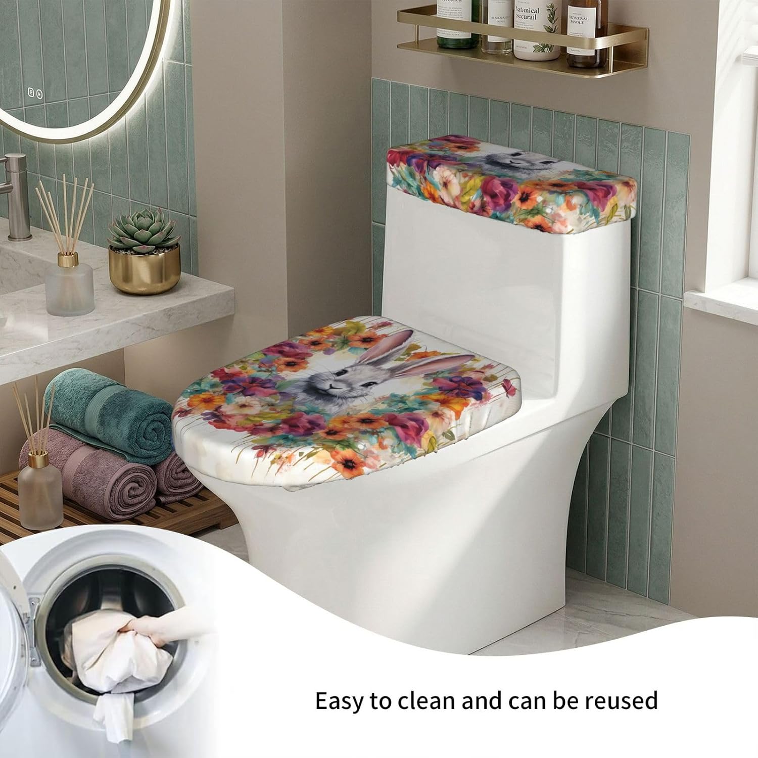 2 Pcs Toilet Lid Cover and Toilet Tank Lid Cover, Washable Toilet Cover with Elastic Bottom Replacement Soft Stretch Toilet Seat Cover Set Watercolor rabbit and flowers Bathroom Decor