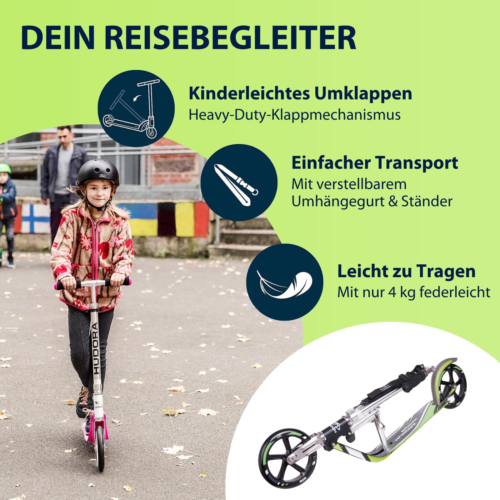 HUDORA BigWheel 205 Scooter - Stabiler Aluminium-Roller - Höhenjustierbarer & zusammenklappbarer Cityroller mit Ständer - Sportlicher Kinder- & Erwachsenenroller für bis zu 100kg