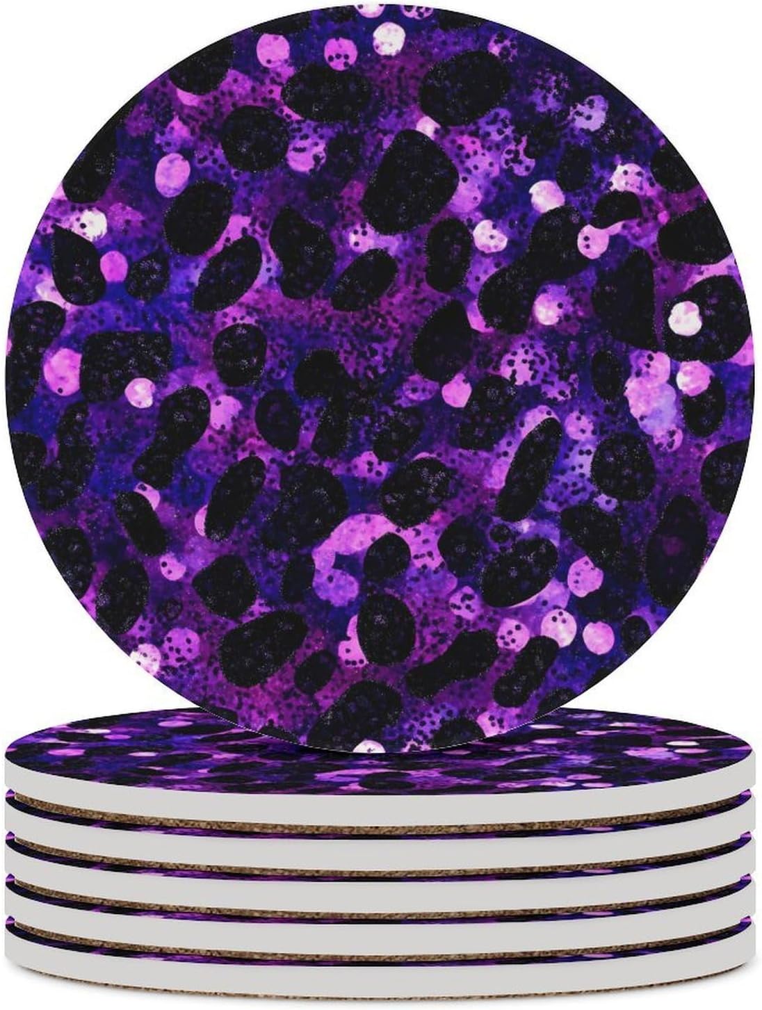 Purple Leopard Sequin Pattern Funny Round Ceramic Coasters for Drink Absorbent Cup Holders Tabletop Protection