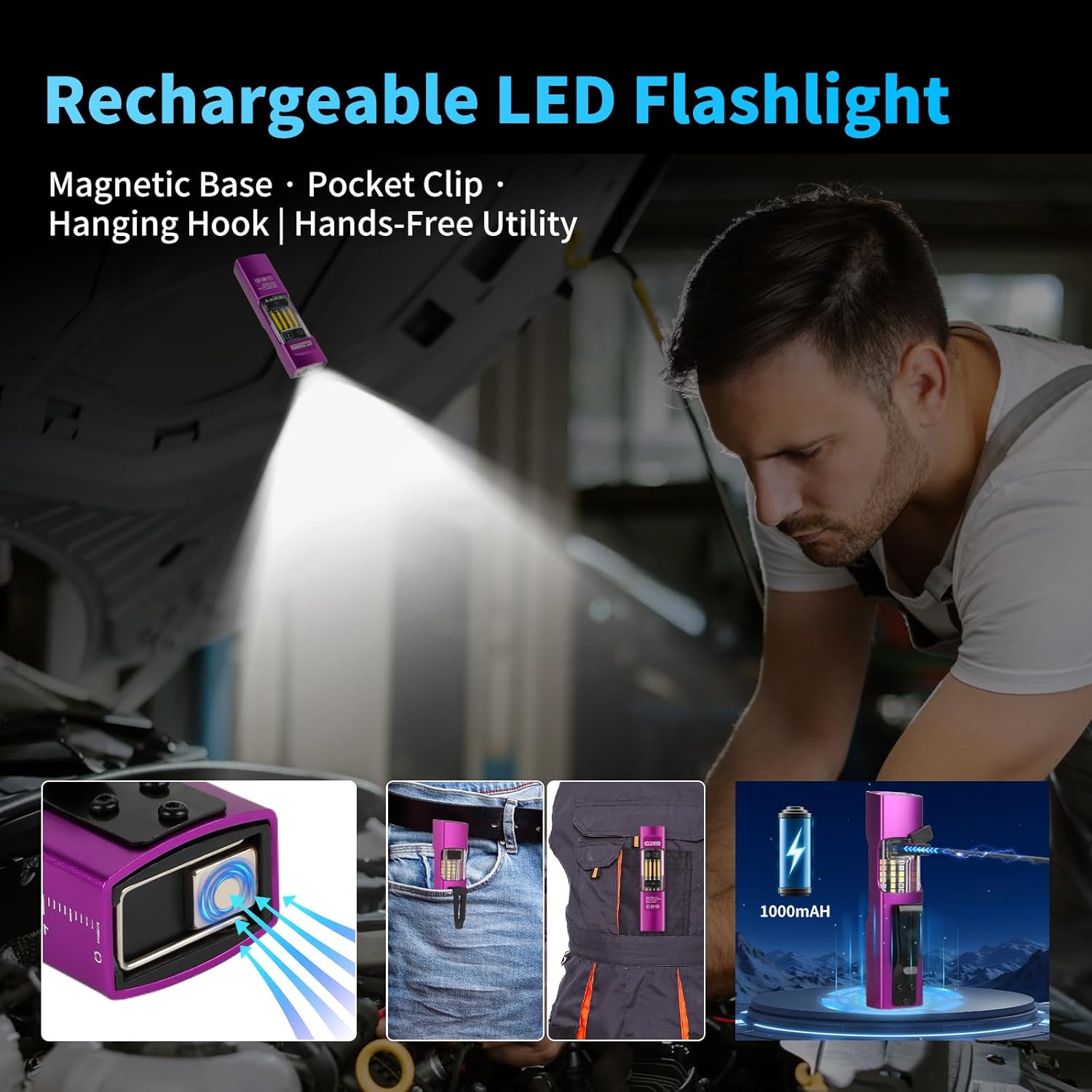 EDC Flashlight Rechargeable 365nm UV Flashlight with RGB, Mini Magnetic LED Flashlight 1500 Lumens Pocket Flashlight with Mode Memory for Working, Emergency, Pet Urine Detection (Purple)