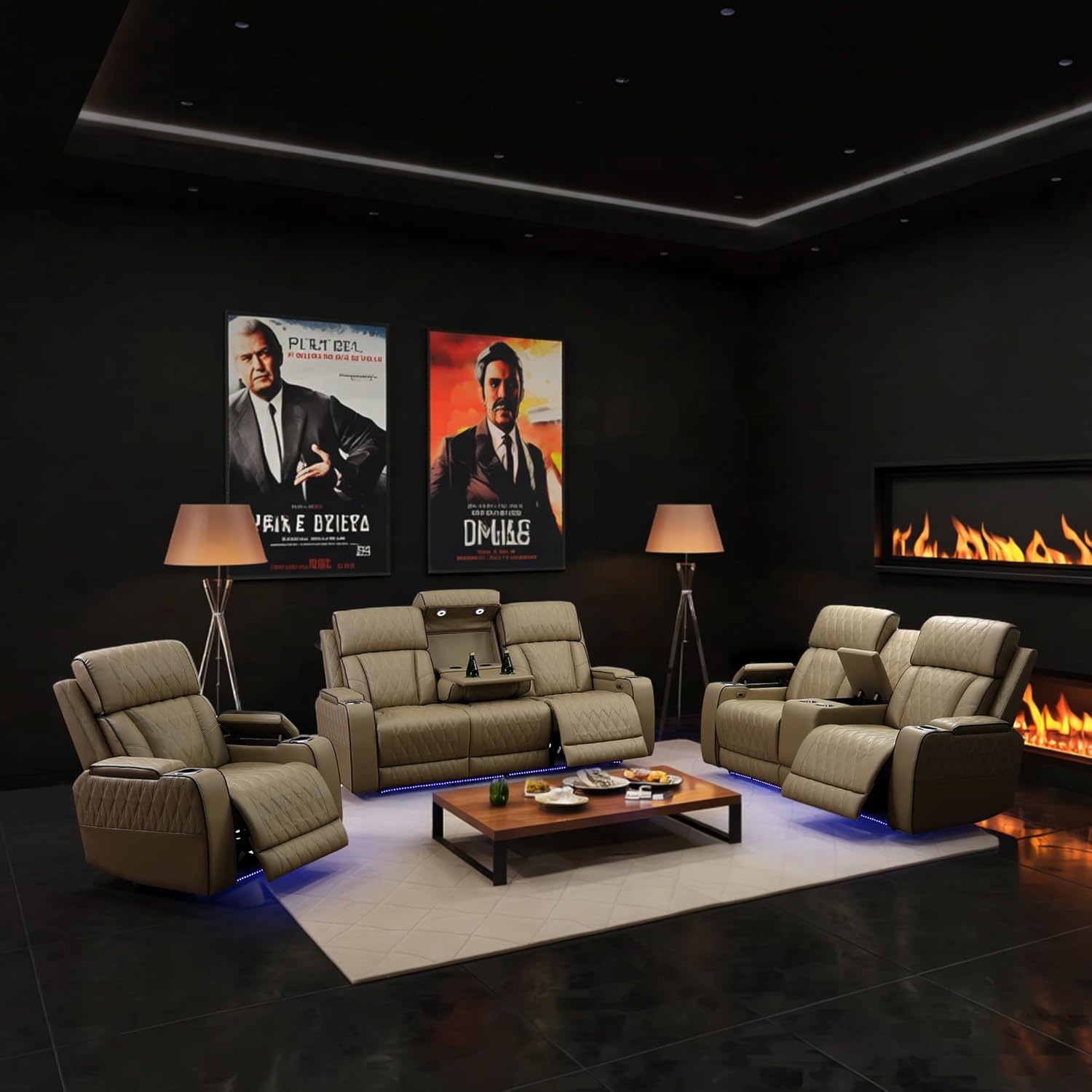 Power Recliner Sofa Set, 3 Piece Breathing Leather Sofa Set, Reclining Couch Loveseat and Chair Furniture with LED/USB Port/Cup Holders for Living Room Home Theater (Khaki)