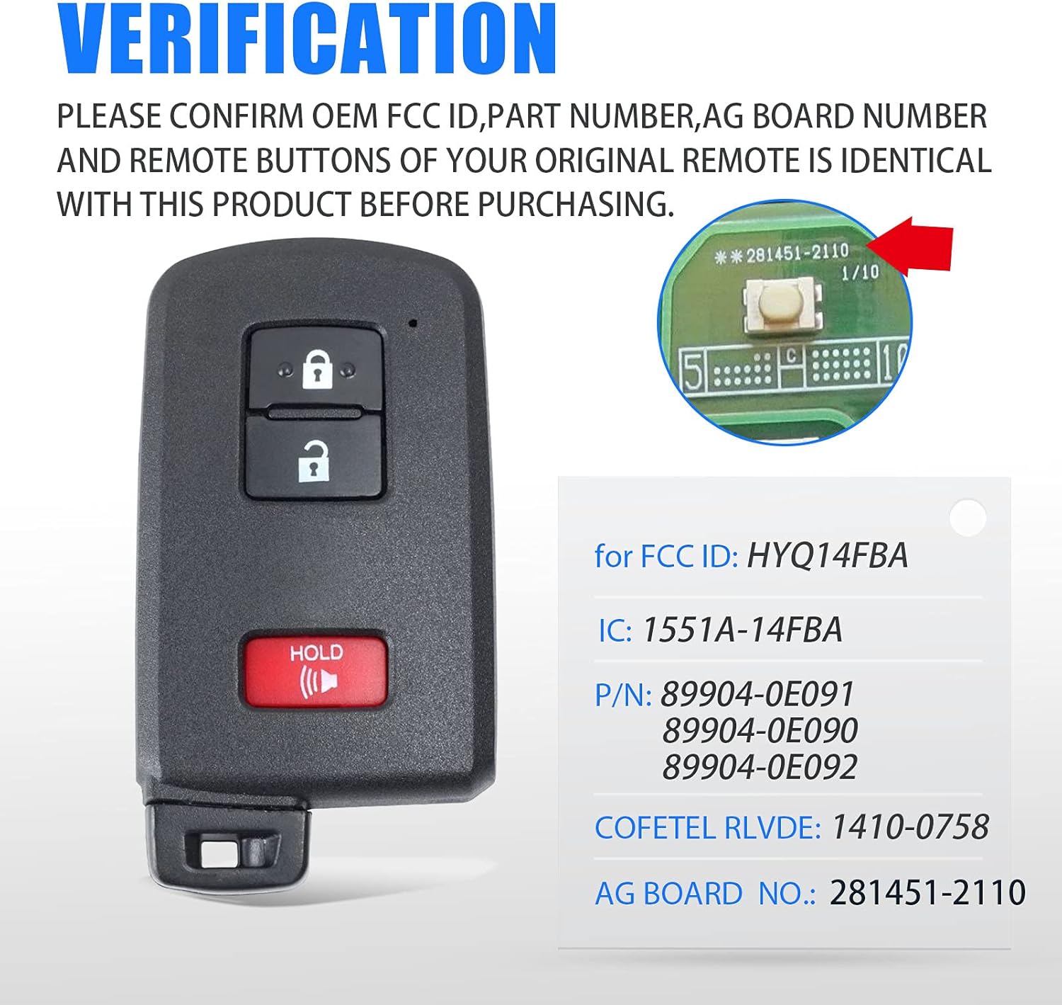 Car Key Fob Replacement for Toyota Highlander 2017-2019/for Land Cruiser 2016-2018/for Prius C 2012-2015/for Tacoma 2015-2020 2+1 Buttons(FCC:HYQ14FBA P/N: 281451-2110)