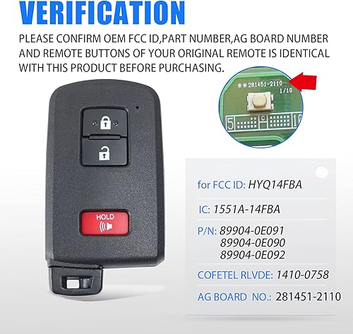 Miniatura 3 de Reemplazo de llavero de automóvil para Toyota Highlander 2017-2019para Land Cruiser 2016-2018para Prius C 2012-2015para Tacoma 2015-2020 2+1 botones