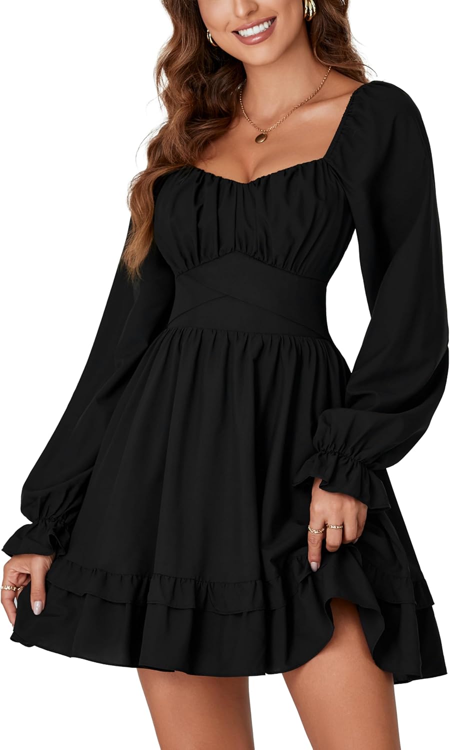 KIFOVEN Women's Lantern Long Sleeve Smocked Wrap Tiered Ruffle Flowy A Line Short Mini Dress - Image 3