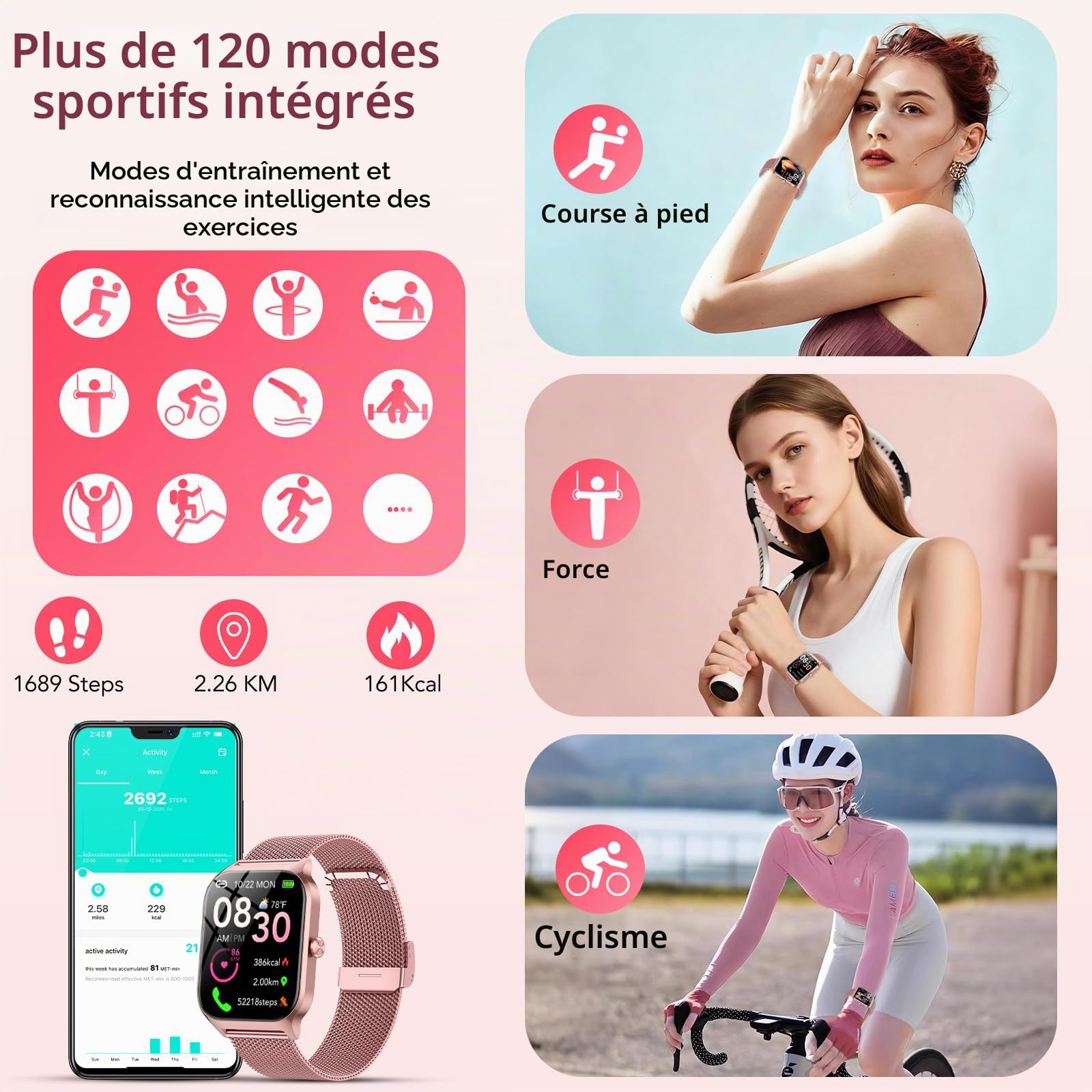 Montre Connectée Femme avec Appel Bluetooth,1.85"HD Smartwatch Femme avec Fréquence Cardiaque/Sommeil/SpO2, 120+ Modes Sportifs, IP68 Étanche Fitness Tracker, Montre pour Android iOS Rose Pêche