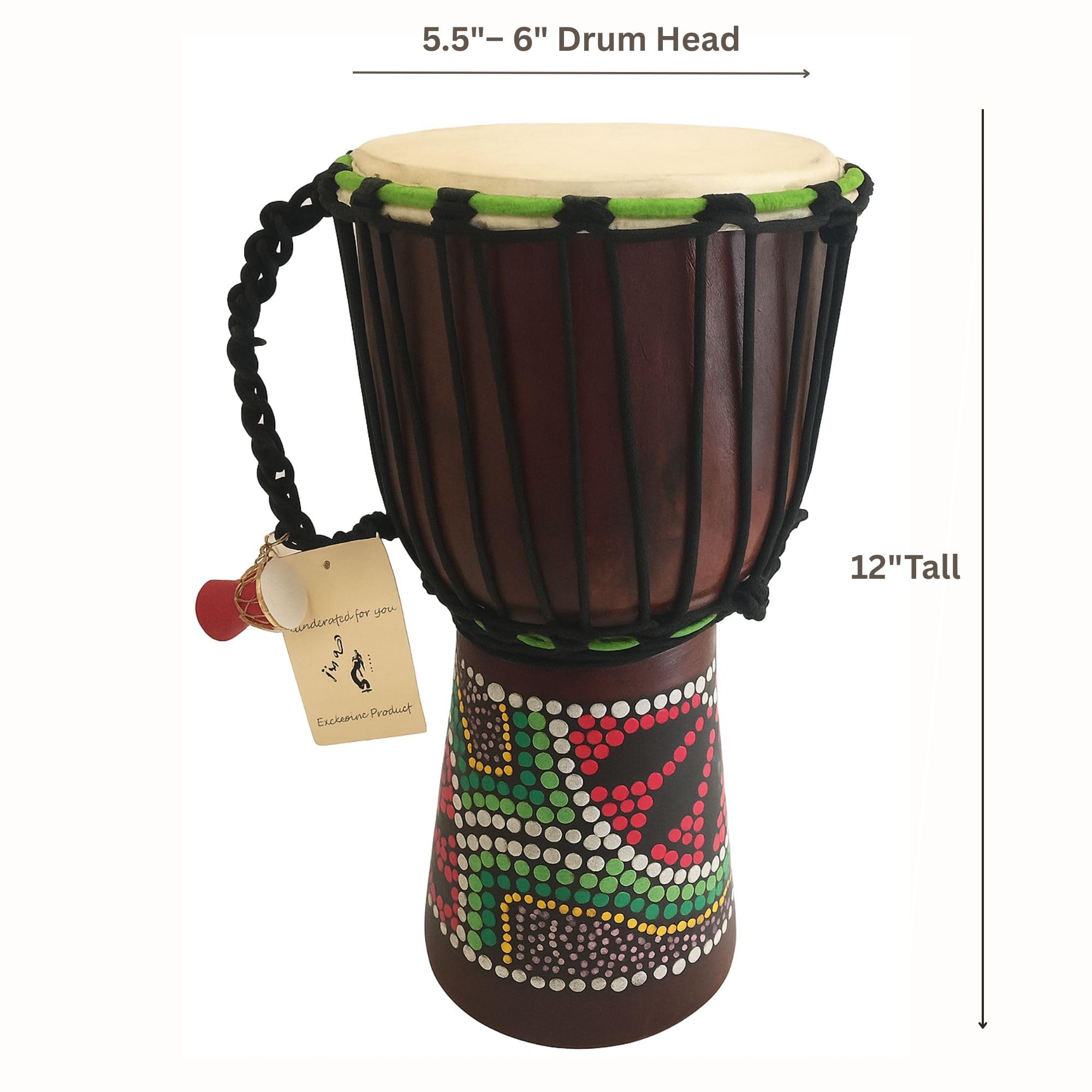 Djembe Drum – African Bongo Congo Style Drum – 12" High Solid Mahogany Wood with Goat Skin Head – Includes Free Djembe Keychain Gift – Professional Quality, Authentic JIVE Brand