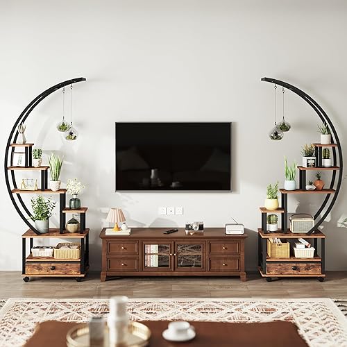 Miniatura 2 de 2 soportes para plantas de interior de media luna de 71 pulgadas de alto con ruedas bloqueables, estante para plantas de 14 niveles con cajón y