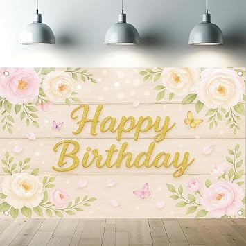 Rustic Wood Flower Happy Birthday Backdrop Banner Blush Rose Butterfly Photography Background Baby Shower Girl Ladies Birthday Party Decor Supplies Cake Table Decoration Photo Booth