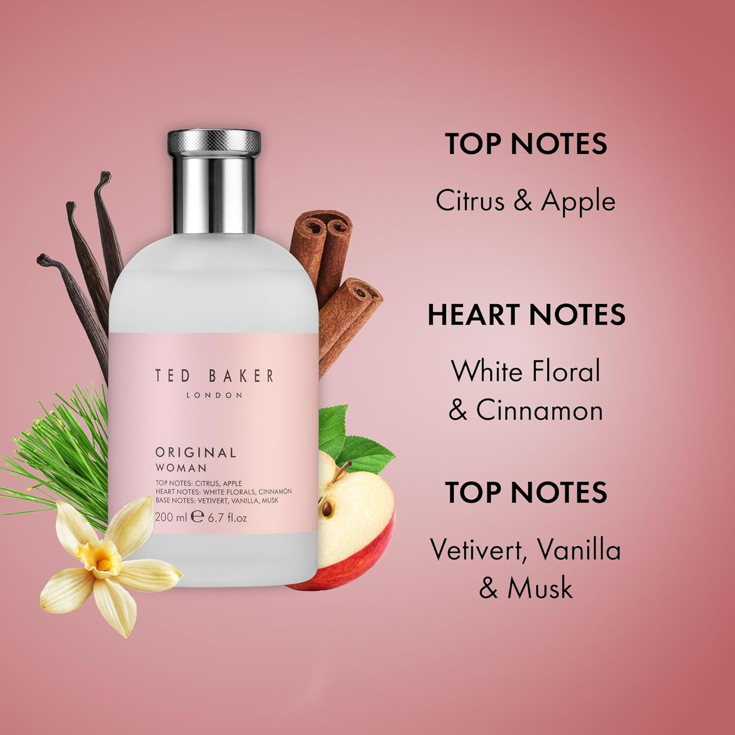 Ted Baker Woman Pink EDT, floral green feminine fragrance, opening notes are fresh peach, bergamont and tangerine with warm musk, vanilla and vetiver base notes, 6.76 fl oz