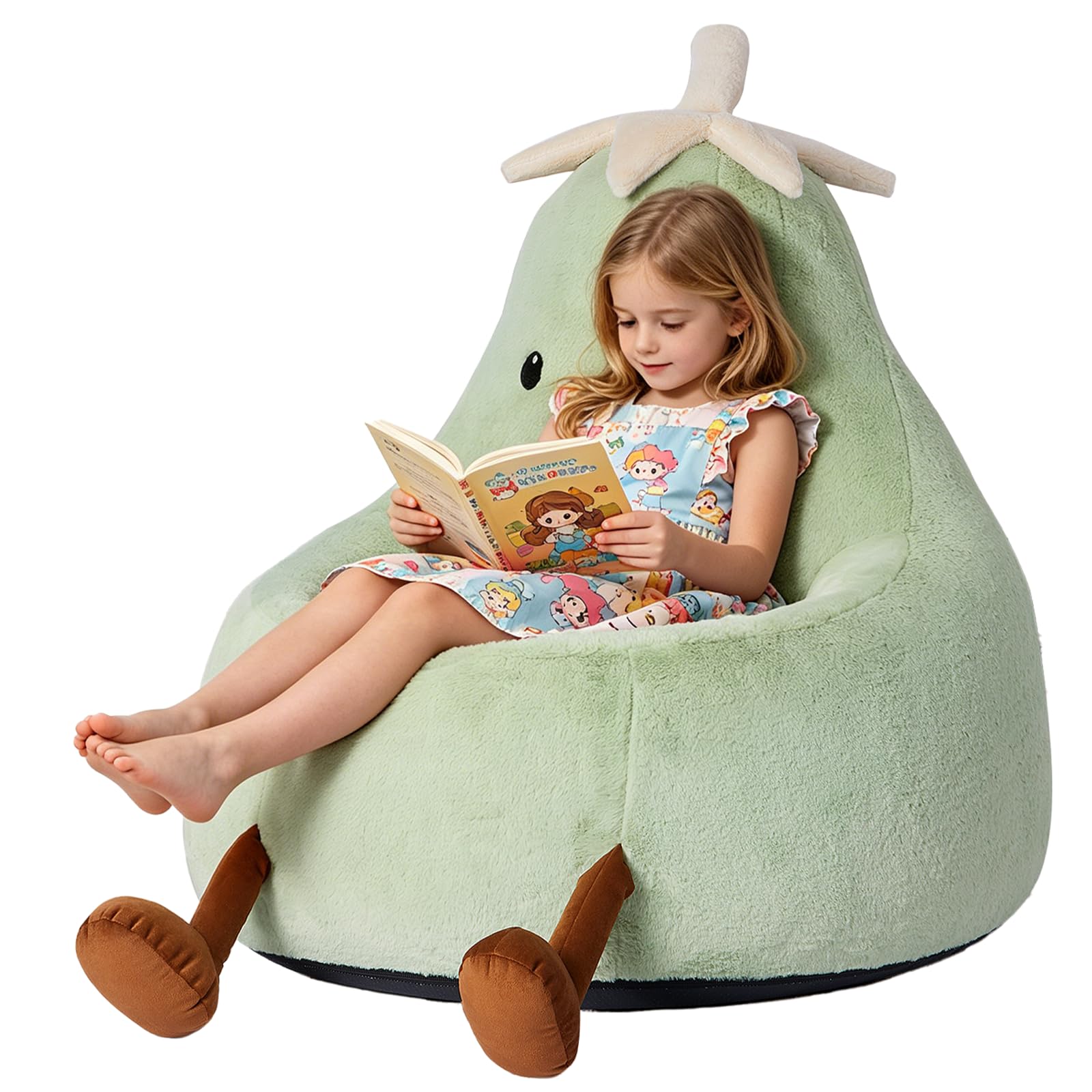 24 Inches Memory Foam Bean Bag Chair - Ultra Soft Faux Rabbit Fur Round Sofa with Handle &amp; Machine Washable Cover, Comfy Lazy Chair for Kids Teens, Perfect for Reading Gaming in Living Room，Green