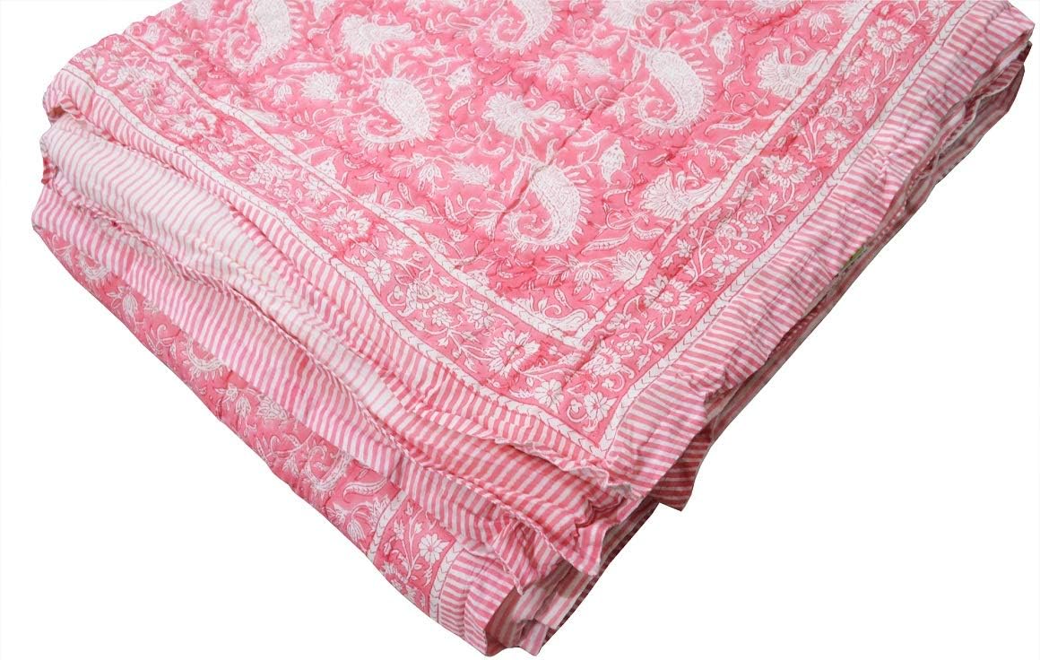 Ethnicfashville Indian Hand Block Paisley Print Handmade Light Weight In Side Doctor Cotton Queen Size Reversible Razai Quilt Throw Ethnic Coverlet Blanket