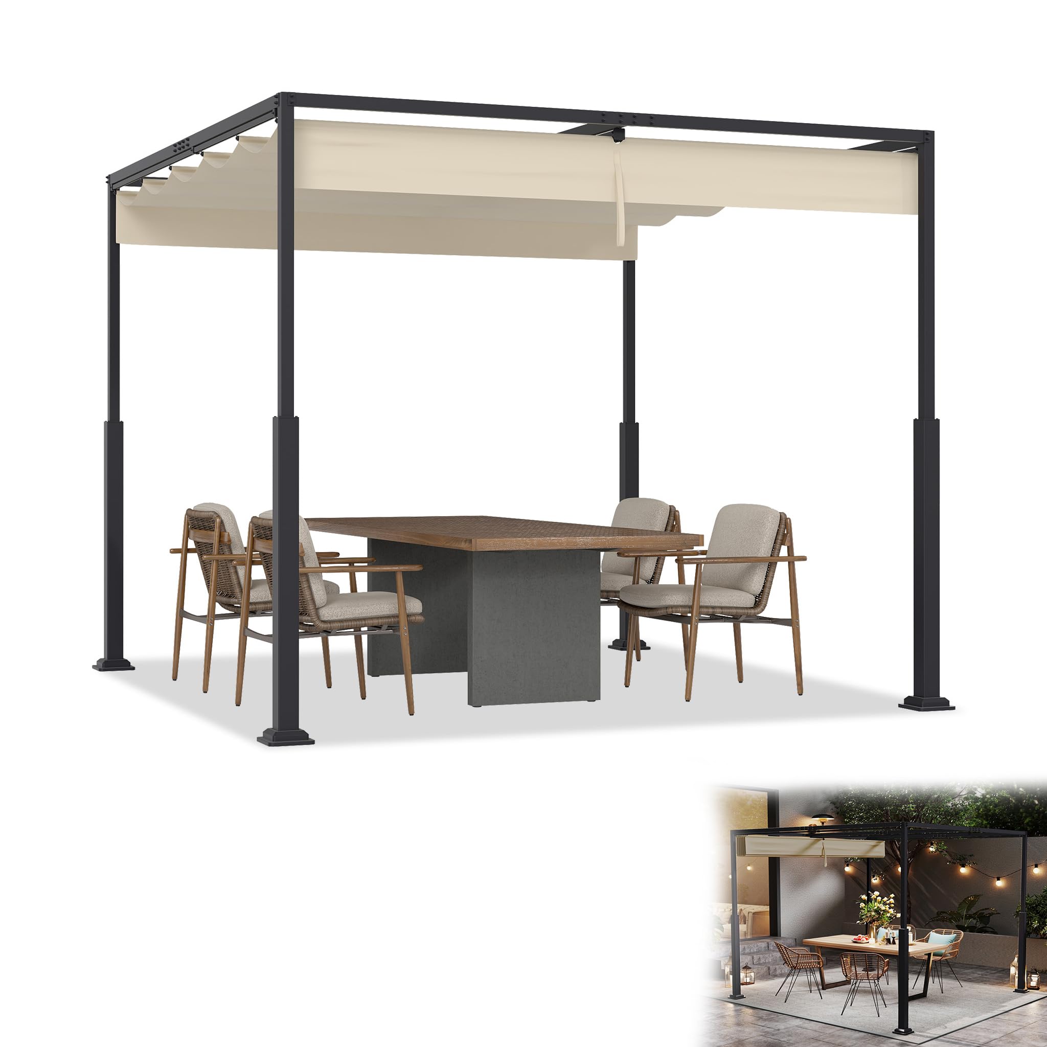 YRHome Pergola z przesuwnym dachem 3 x 3 m, pawilon ogrodowy ze stali i poliestru, wodoszczelny i odporny na warunki zimowe, wolnostojący dach tarasowy z wytrzymałymi metalowymi kolumnami, ochrona