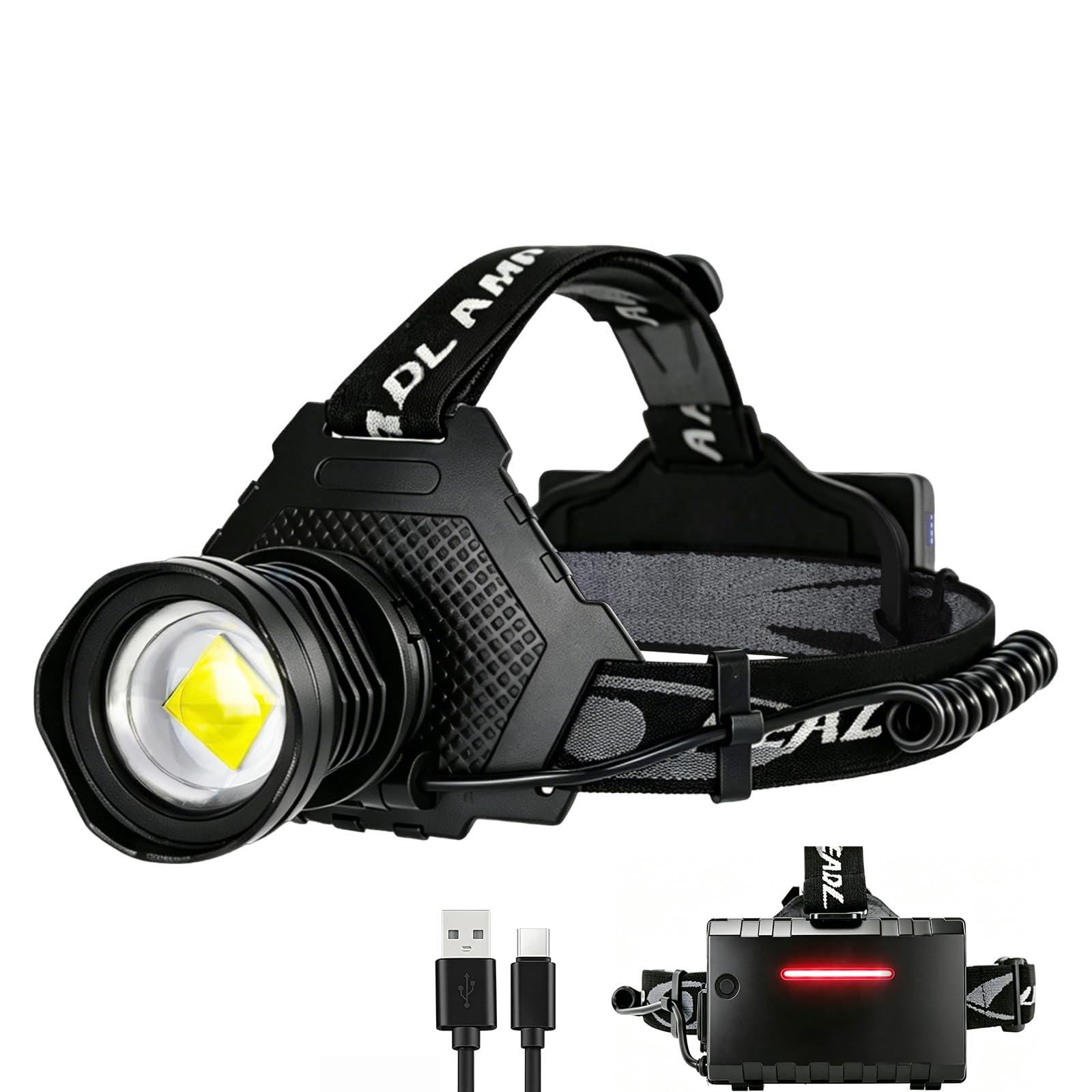 Mavtrail LED Head Torch Rechargeable, 99000 Lumens Super Bright Headlamp Headlight with 95 Hours Runtime & 12 Modes & Adjustable Focus, IPX7 Waterproof Headtorch for Camping, Running, Hiking, Fishing