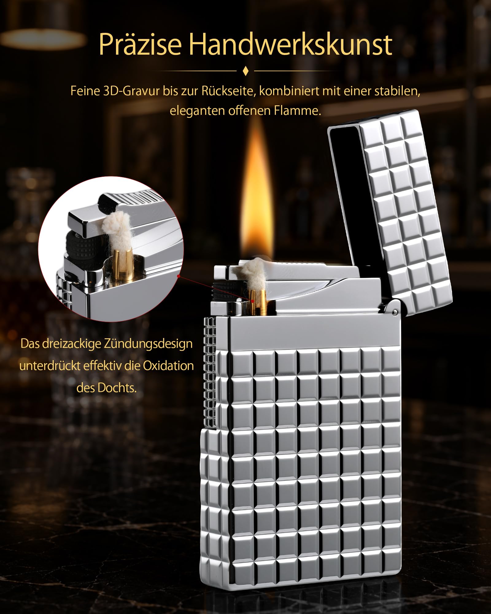 THORENS Argent Blocks Silber Benzinfeuerzeug, Messing, Side-Slide | Klassik-Retro, klarer Klang, Vintage, offene Flamme, nachfüllbar, Reibrad, Unikat Flip-Fluid-Lighter, Luxusgeschenk, graviert