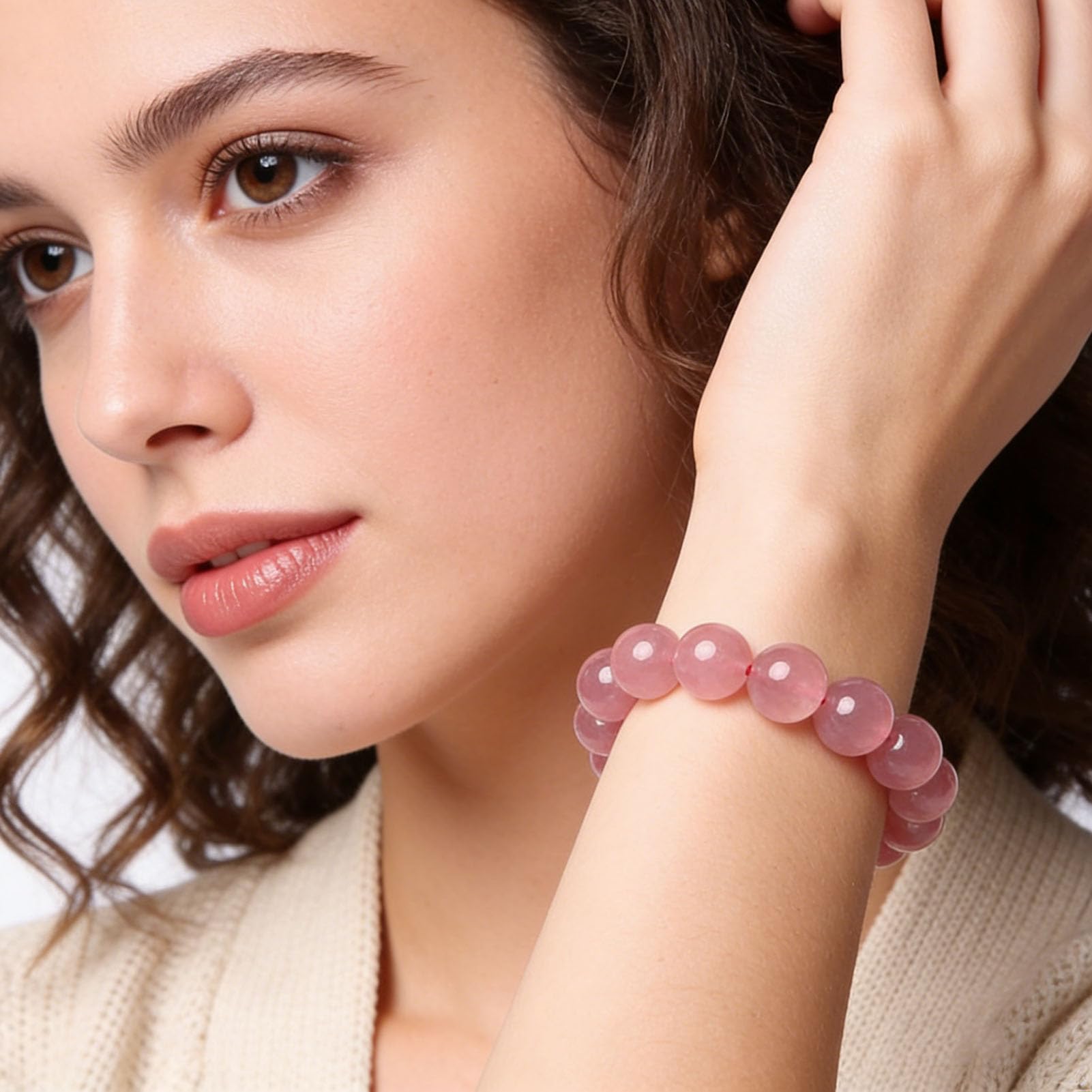 Pulsera de Cuarzo Rosa para Mujer, Pulsera elástica de Cristal Rosa Natural para el Amor, la compasión y la armonía Emocional, joyería de Piedra elástica Ajustable,10MM