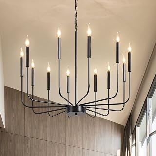 Black Chandelier 12 Light Modern Farmhouse Chandeliers for Dining Room Large Size Rustic Candle Chandelier Light Fixtures Ceiling Hanging for Living Room Kitchen Island Hallway Foyer