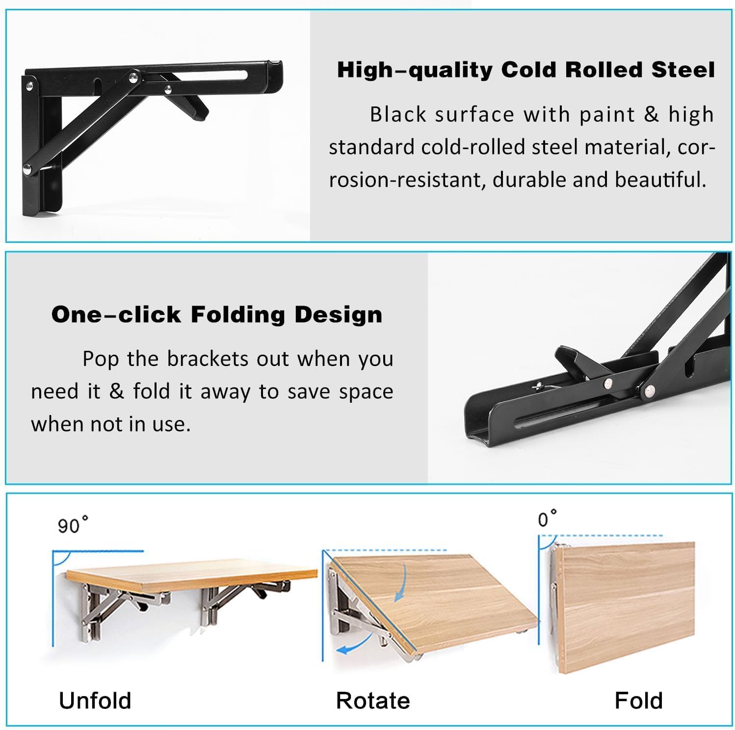 4 Pcs Folding Shelf Brackets, 14 Inch Shelf Brackets Heavy Duty Collapsible Triangle Stainless Steel L Brackets for Wood Shelves, Max. Load 450 lb, DIY Wall Mounted Space Saving for Bench Table, Black