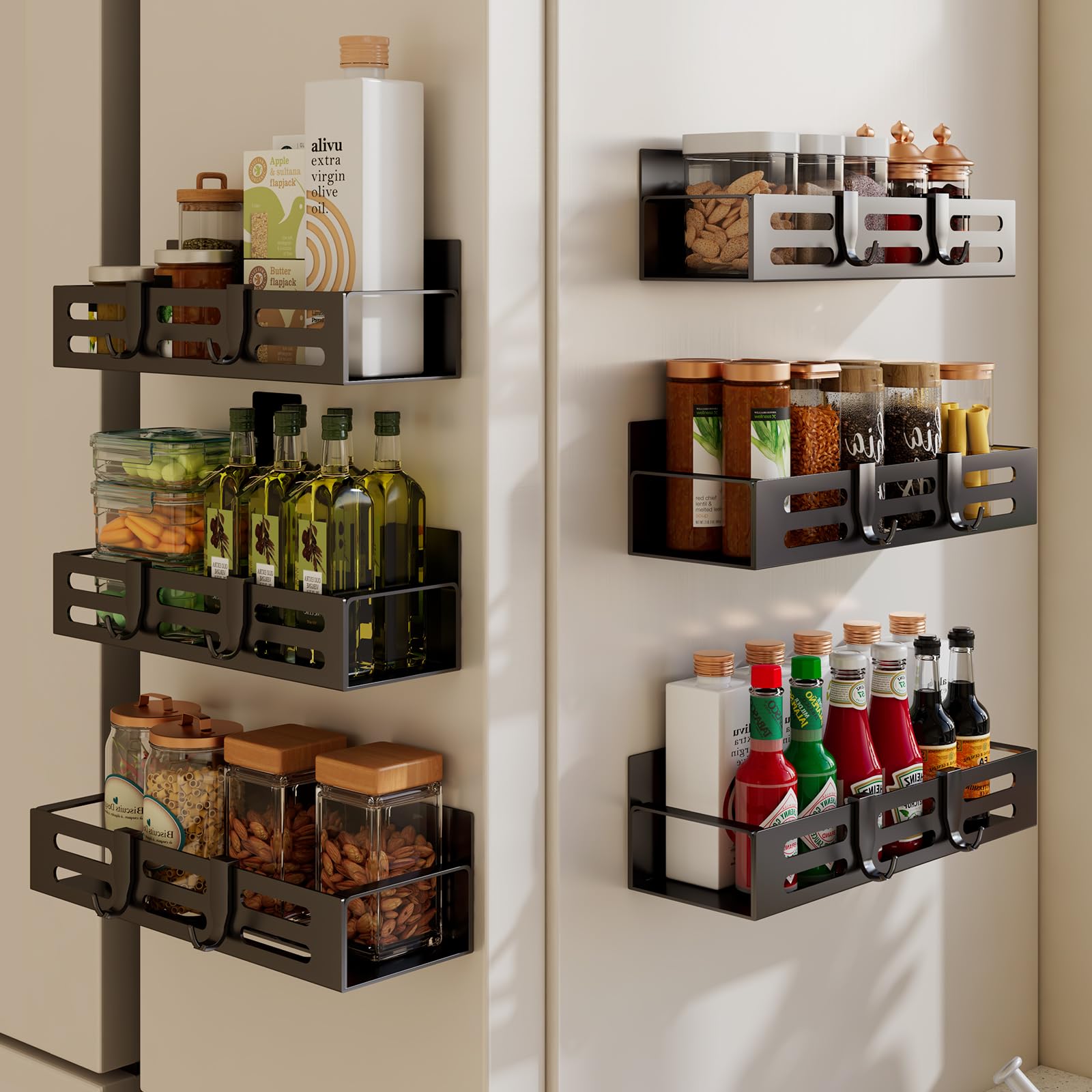 SETBAOO Paquete de 6 estantes magnéticos para refrigerador, estante magnético negro y organizadores de gabinete de cocina, almacenamiento de condimentos, mini estantes.