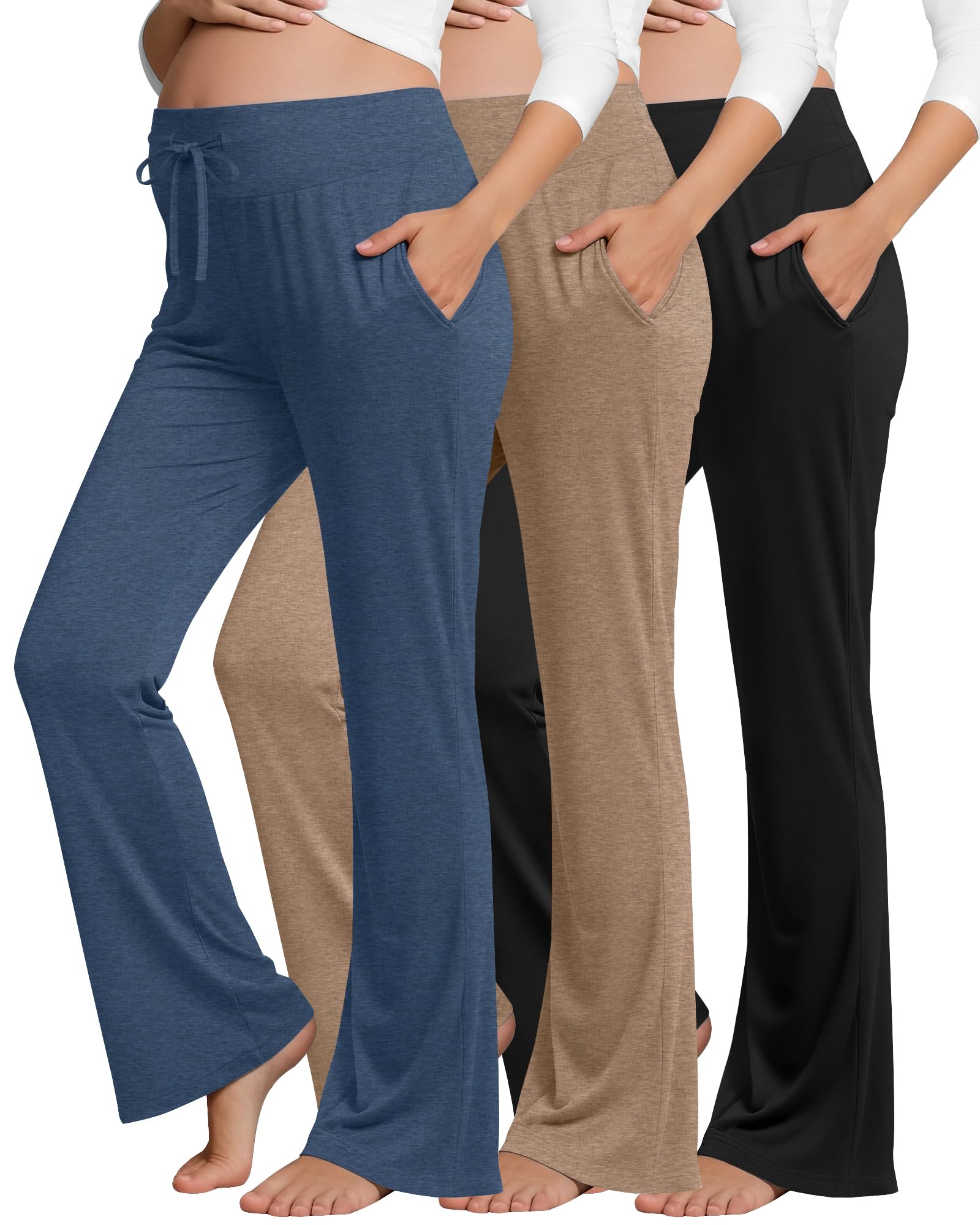 Neer Confezione da 3 pantaloni premaman da donna, a gamba larga, casual, con coulisse, pantaloni svasati con tasche