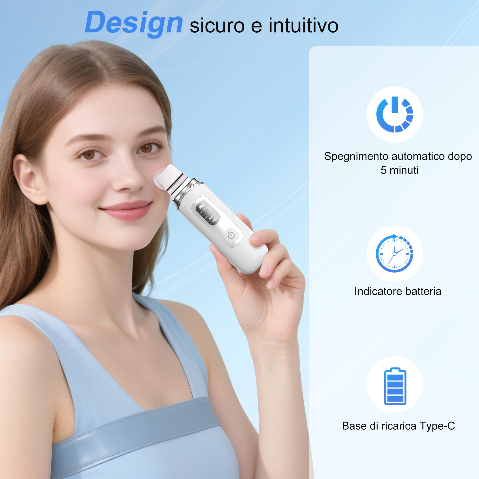 Pulizia Viso Ultrasuoni, Skin Scrubber con 4 Modalità e Impermeabile IPX7, Luce Rossa e Blu Spatola Professionale Punti Neri Rimozione Pulizia Profonda la Viso Peeling e Cura