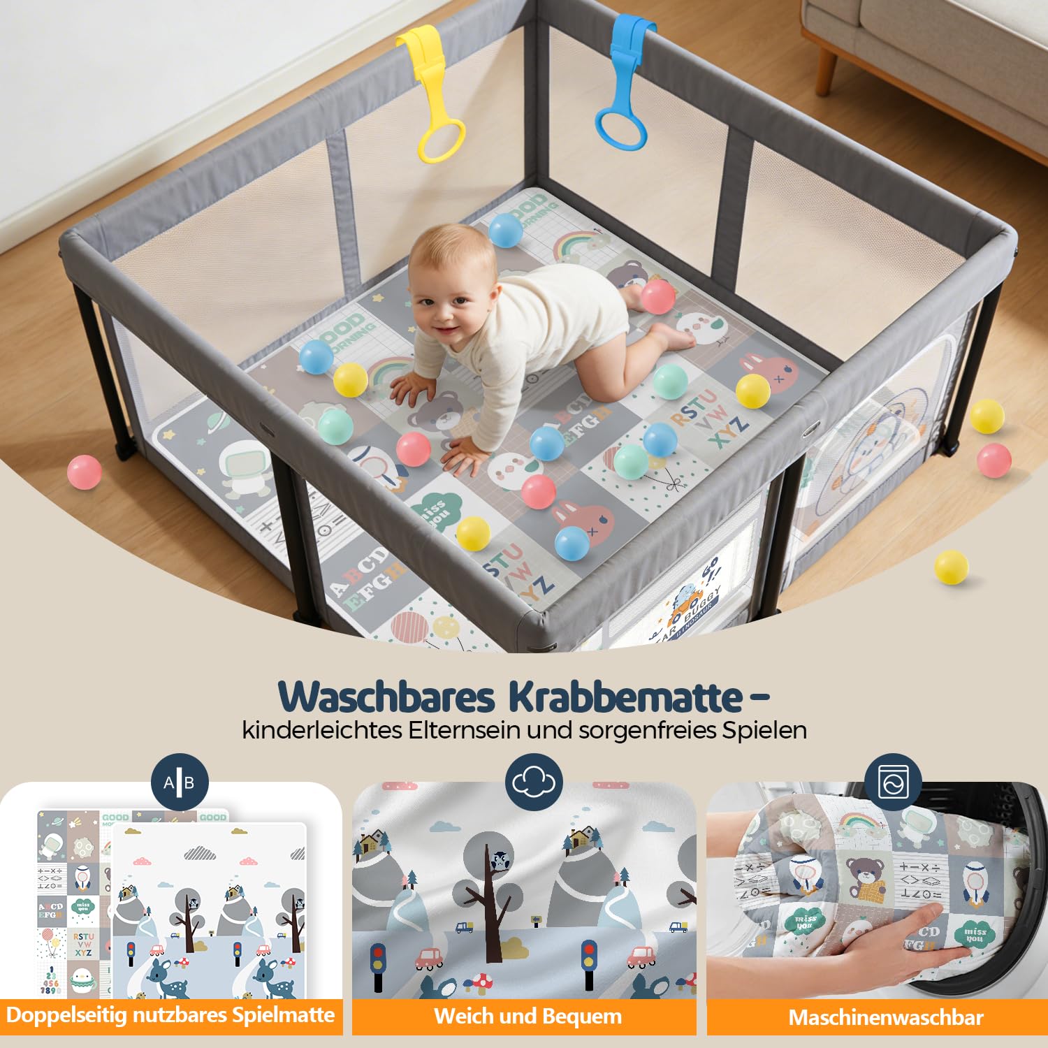 Box Bambini Pieghevole con Materasso 127×127cm, Recinto per Neonati e Bambini, Box Gioco Stabile e Sicuro per Interni ed Esterni