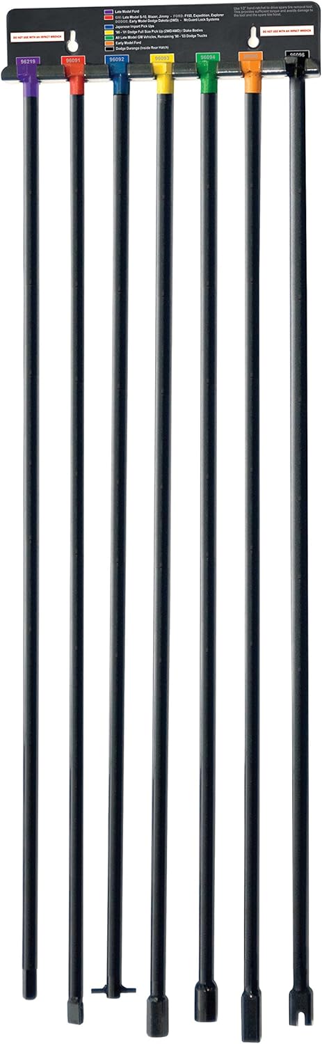 Steelman 7-Piece Spare Tire Retrieval Tool Kit, Lower and Raise Cradle-Suspended Tires, Flat, Pin, Hex, 12-mm Square, Slotted, ⅜-inch Square Heads