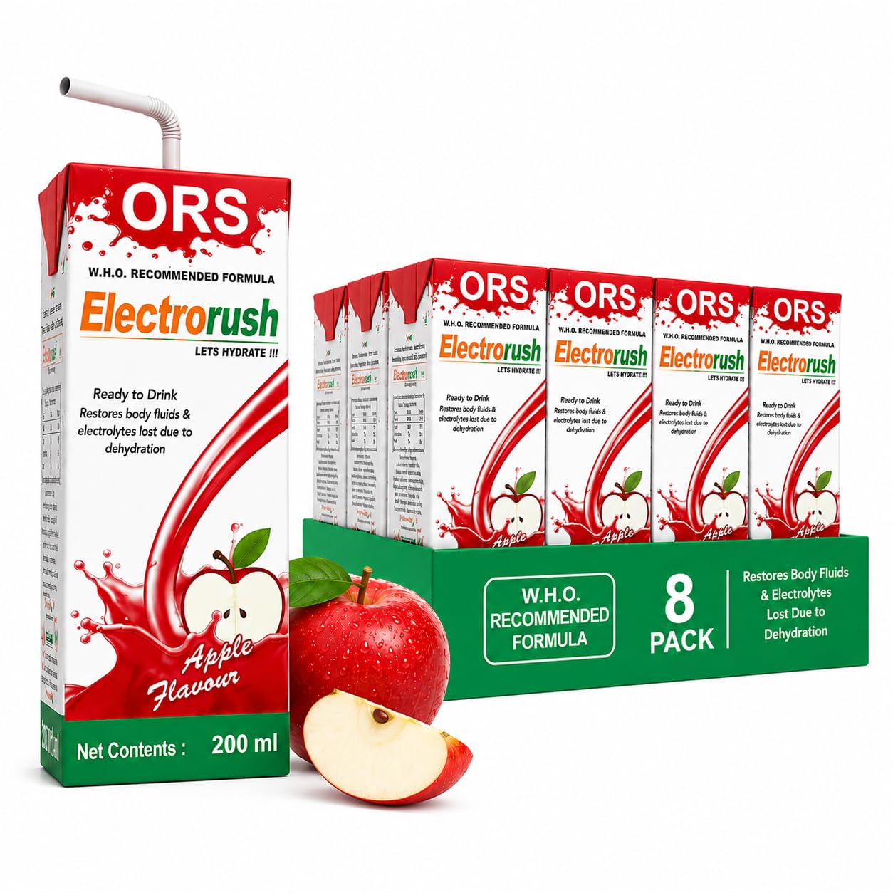 Electrorush ORS Ready to drink | WHO Recommended Formula | Apple Flavour, Pack of 8(200 ml each)-picture-33