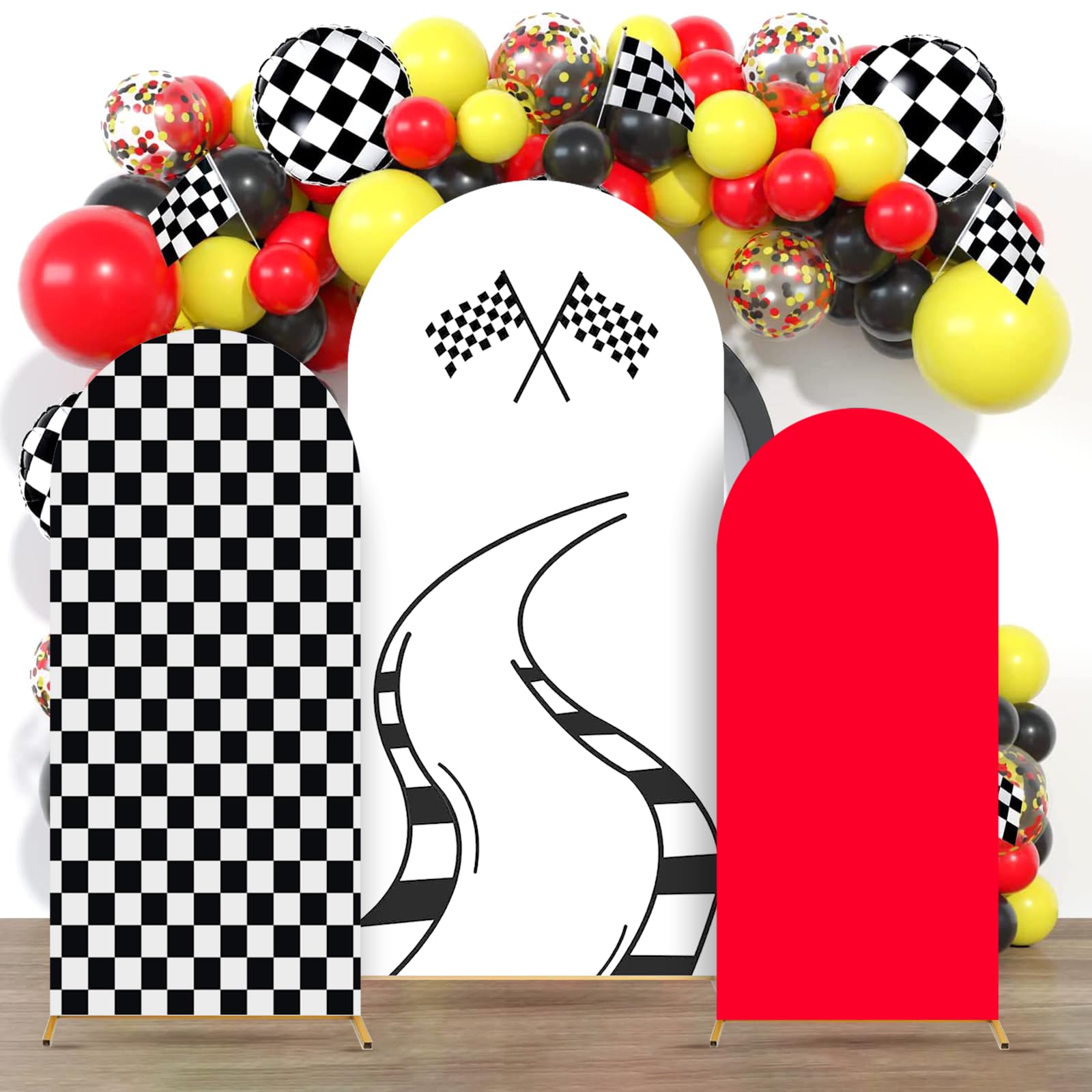 3 Pcs Race Car Arch Backdrop Cover 4Ft, 5Ft, 6Ft Arch Covers Black White Checkered Racing Theme Party Arch Backdrop Racing Track for Birthday Wedding
