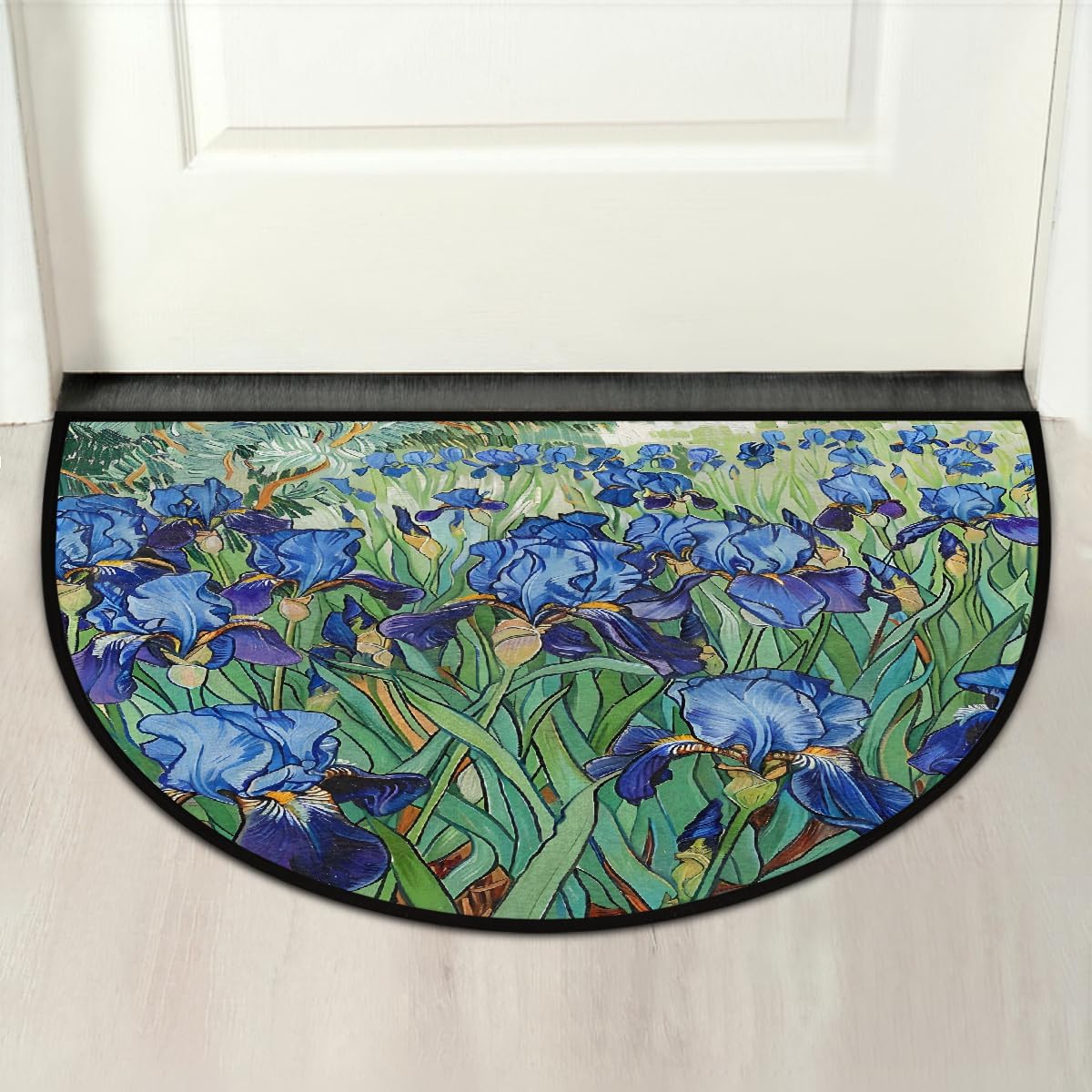 Half Round Door Mat Flower Blue Green Half Moon Rug Washable Half Circle Area Rugs Indoor Entrance Non Slip Semi Circle Bathroom Rugs Floor Carpet for Kithen Bedroom Fireplace Decor