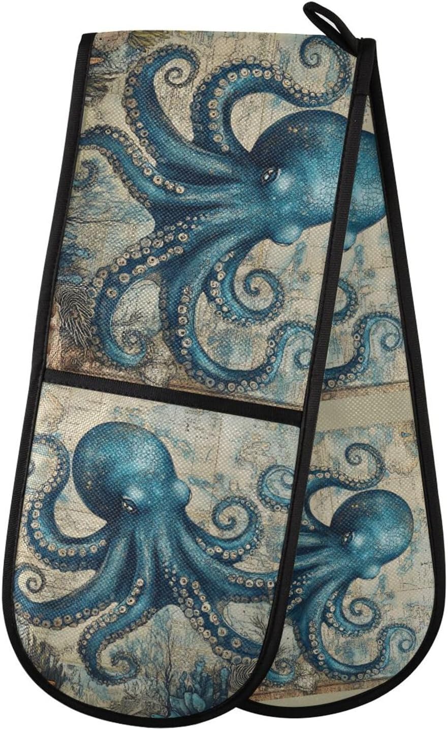 Double Oven Mitts Vintage Sea Octopus Starfish, Heat Resistant 7"x35" Long Quilted Kitchen Oven Gloves for Baking, BBQ, Grilling & Microwave - Machine Washable with Hanging Loop