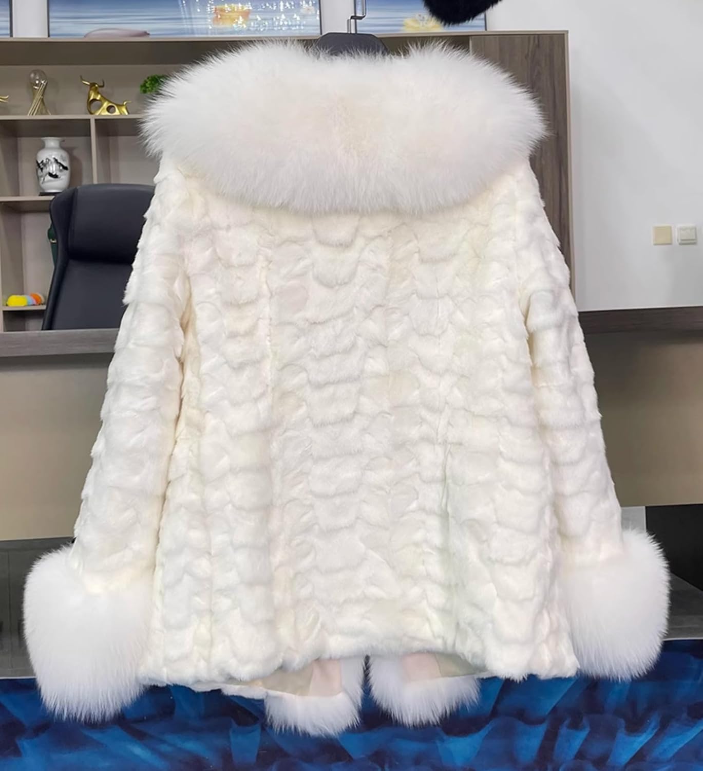 Women's Genuine Mink Fur Coat with Fox Fur Collar and Sleeve Cuffs Fuzzy Warm Fox Fur Trim