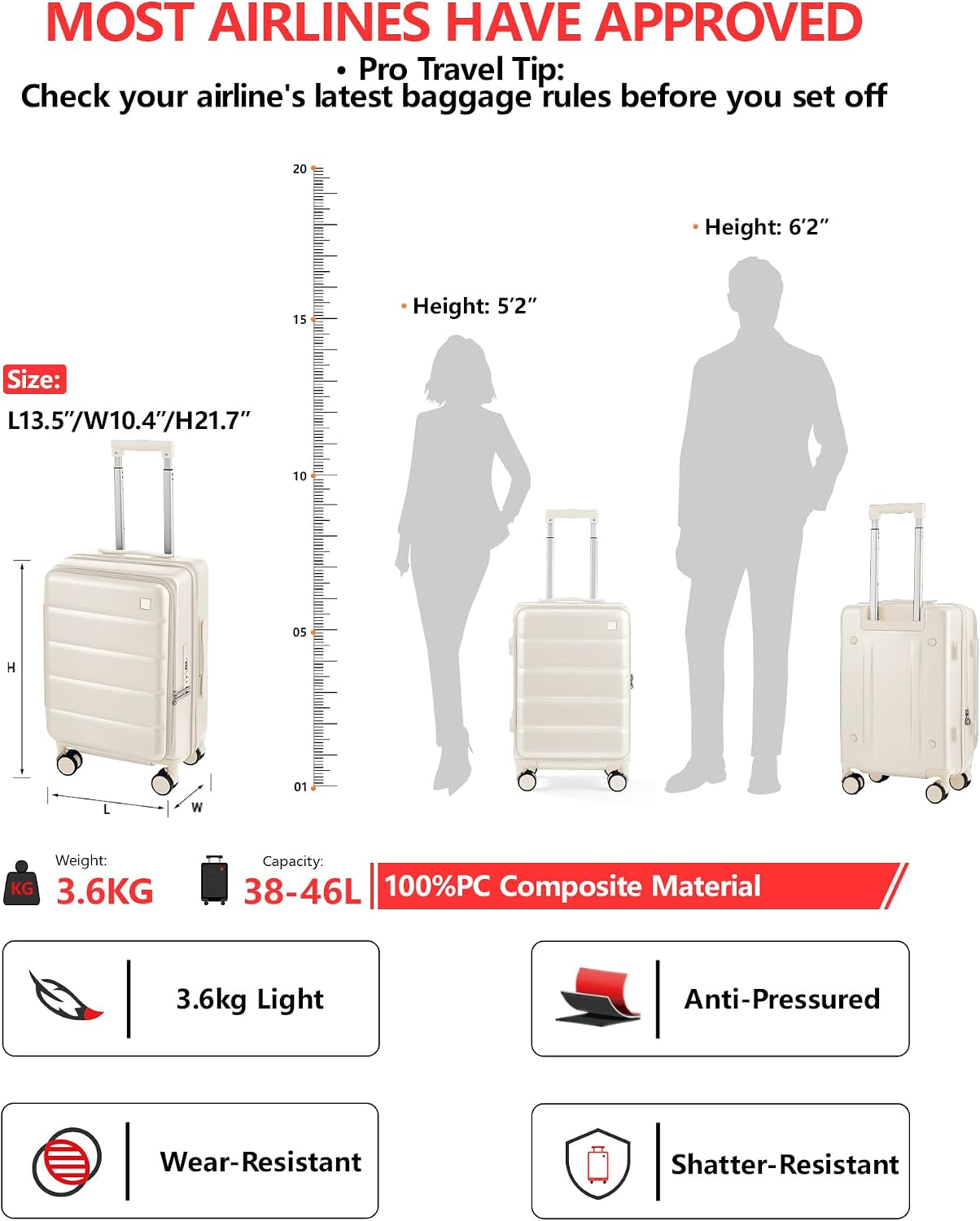 Expandable 20Inch Carry On Luggage Airline Approved - Top Opening Hardside Travel Suitcase Unbreakable -with Cup Holder,USB Charge,Side Pothook, 360°Spinner Wheels, TSA Lock-White