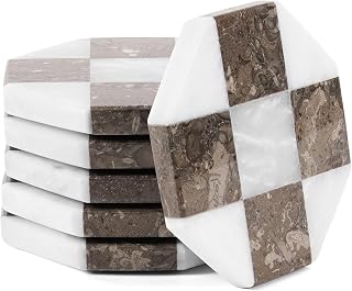 Marble Coasters Set of 6, White & Oceanic Handmade 4 inch Star Stone Coaster, Drink Checkered Coasters for Coffee Table, Stylish Bar Accessories & Modern Home Décor